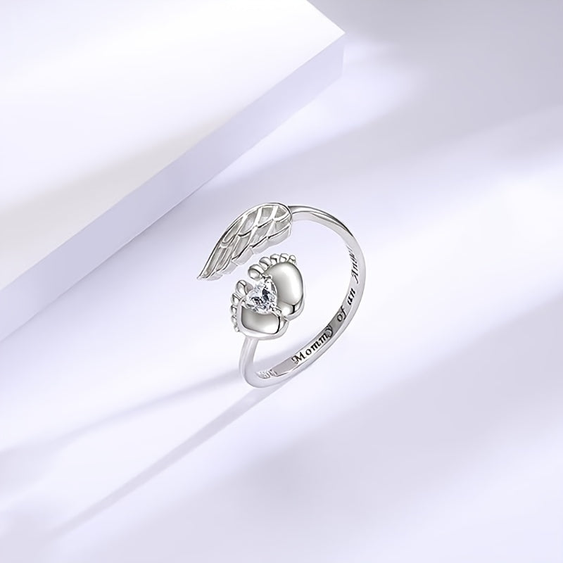 925 Sterling Silver Wrap Ring Angle Wing With Little Feet Design Inlaid Cute Heart Shape Zircon Match Daily Outfits Adjustable Jewelry 3g\u002F0.11oz