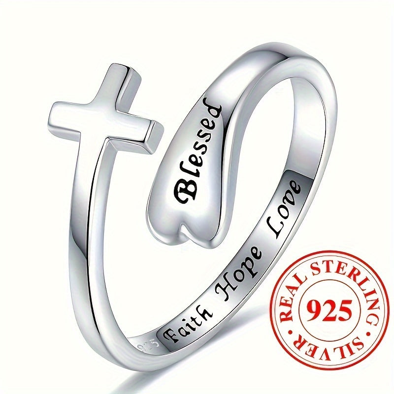 925 Sterling Silver Wrap Ring Trendy Cross Design Carved Sweet And Warm Words On The Surface Suitable For Men And Women High Quality Adjustable Ring