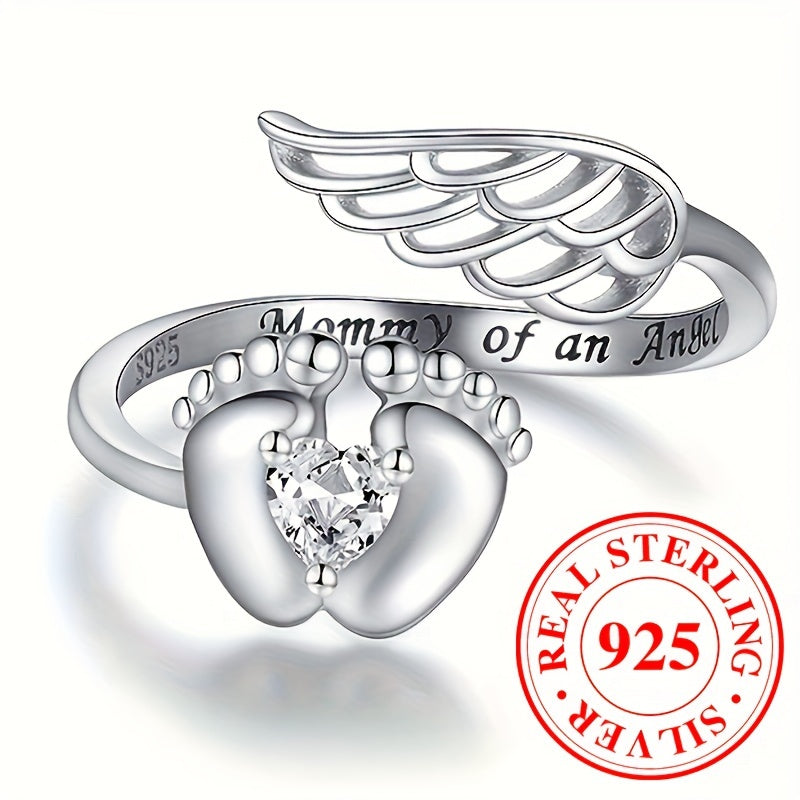 925 Sterling Silver Wrap Ring Angle Wing With Little Feet Design Inlaid Cute Heart Shape Zircon Match Daily Outfits Adjustable Jewelry 3g\u002F0.11oz