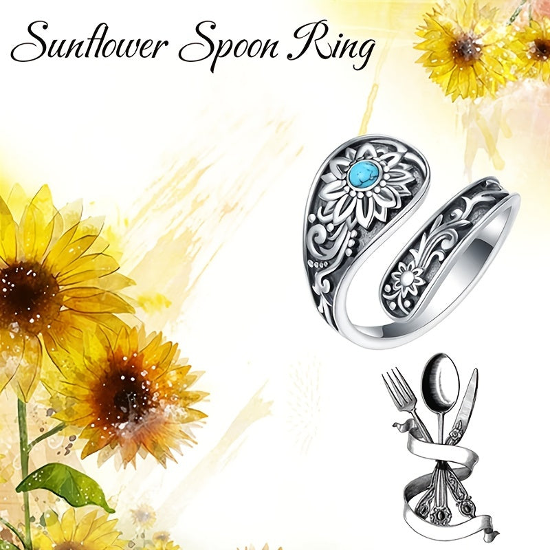 925 Sterling Silver Spoon Ring Classy Sunflower Carving Paved Turquoise Match Daily Outfits Highlight The Ecological Value Or Reuse High Quality Wedding Jewelry 3.4g\u002F0.12oz